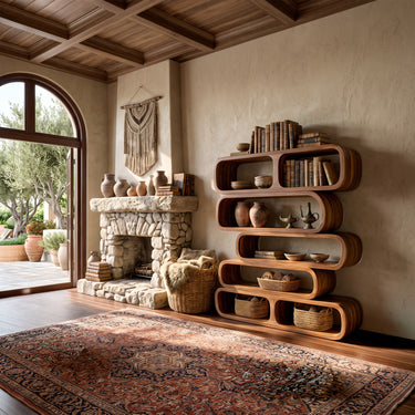 Natural Wood Modular Bookcase With Rounded Open Shelves