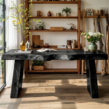 Live Edge Natural Wood Desk with Sculptural Solid Base