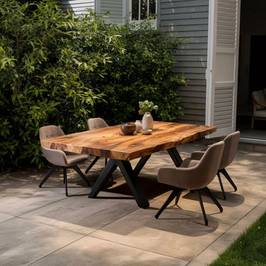 Live Edge Wood Outdoor Dining Table with Sculptural Base