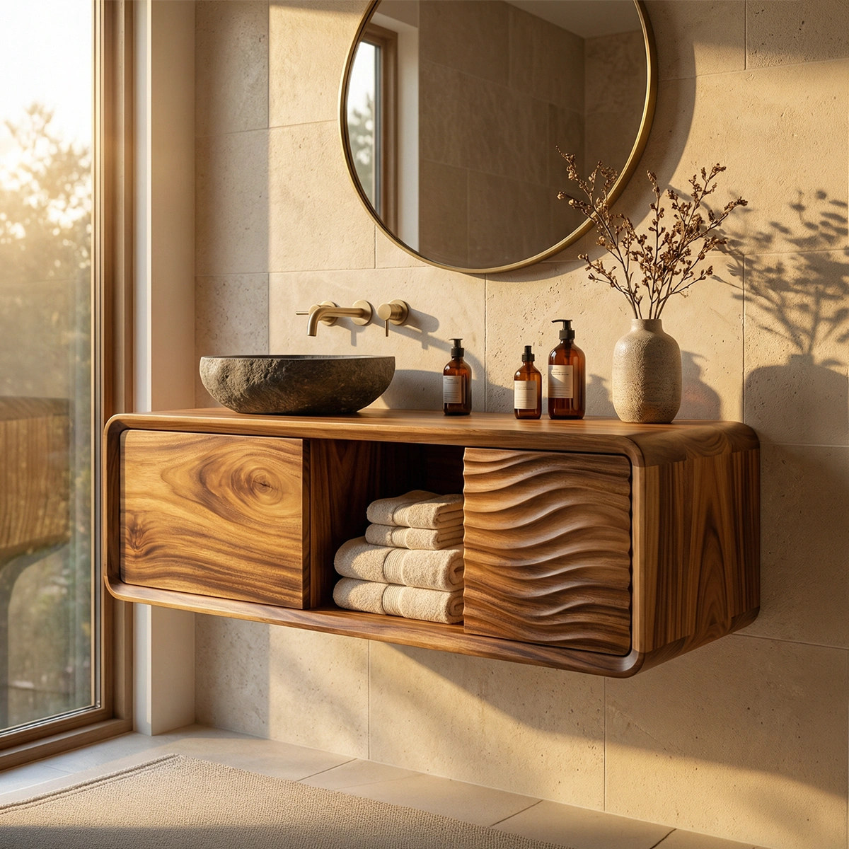 Undulating Wave Pattern Vanity Textured Solid Wood Floating Vanity with Carved Wave Panel – A & E ...