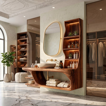 Natural Wood Floating Vanity With Vertical Storage Tower