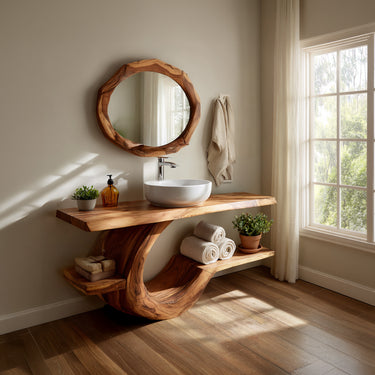 Artisan Solid Wood Floating Vanity with Sculptural Curve Shelf