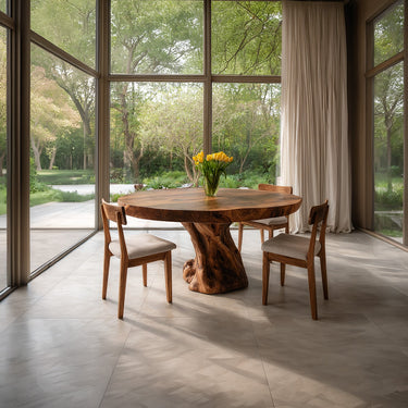 Solid Wood Round Dining Table with Sculptural Base for Patio