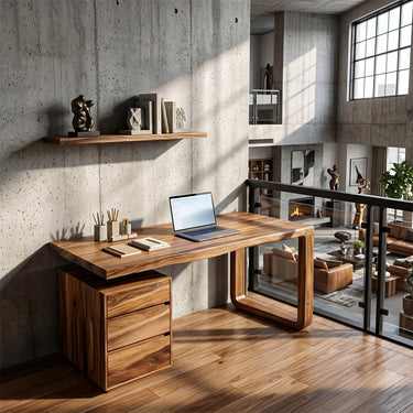 Natural Wood Desk With Loop Frame And Drawer Storage