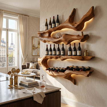Natural Wood Sculptural Wine Rack With Tiered Branch Shelves