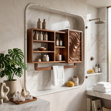 Natural Wood Bathroom Wall Cabinet With Wave Door And Towel Rail