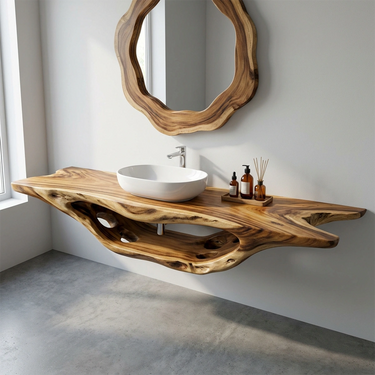 Sculptural Live Edge Wood Floating Vanity with Hollow Form