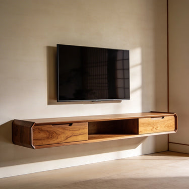 Floating Wood TV Console With Sculpted Frame Design