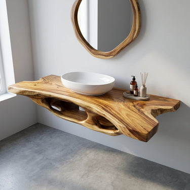 Live Edge Solid Wood Floating Vanity for Organic Modern Bathroom
