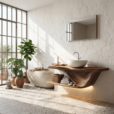 Organic Solid Wood Floating Vanity with Sculpted Shelf for Modern Bathroom