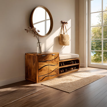 Sculptural Entryway Cabinet Bench With Shoe Storage