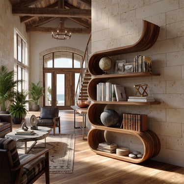 Natural Wood Wave Bookshelf With Sculptural Open Shelves