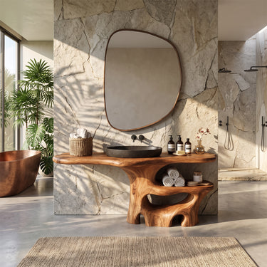 Natural Wood Sculptural Bathroom Vanity With Open Shelf