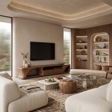 Natural Wood TV Console With Rounded Open Base