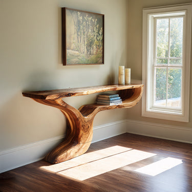Live Edge Console Table With Cantilever Sculptural Shelf