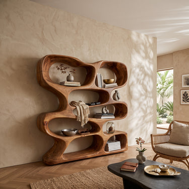 Natural Wood Wave Bookcase With Organic Open Shelves