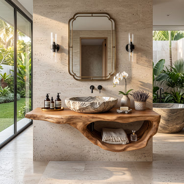 Natural Wood Floating Vanity With Loop Storage Shelf