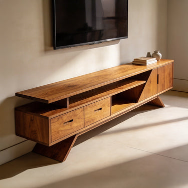 Angular Shelf TV Console With Asymmetrical Storage