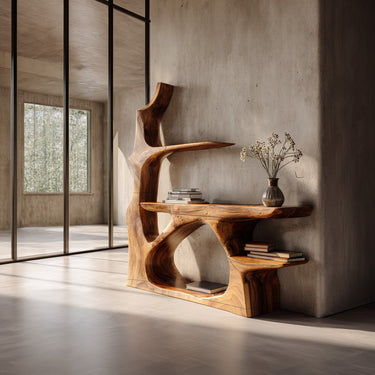 Sculptural Wood Console Table With Minimal Open Shelves