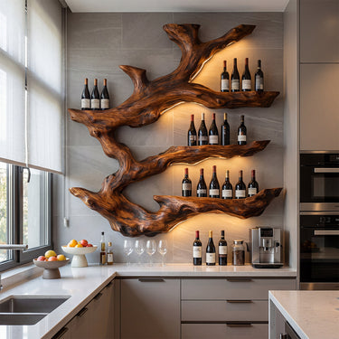 Natural Wood Wall Wine Rack With Backlit Branch Shelves