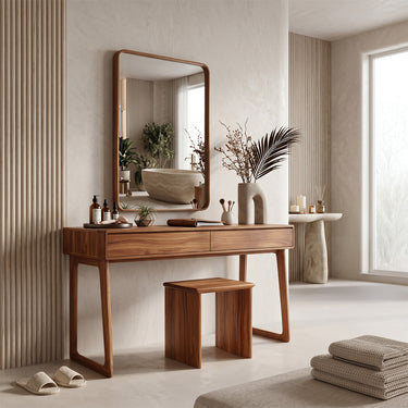 Natural Wood Vanity Desk With Slim Drawer And Open Frame