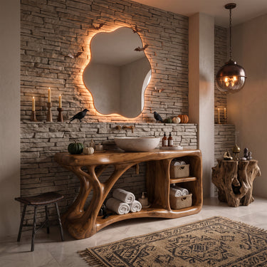 Sculptural Halloween Bathroom Vanity with Open Shelf Storage For Modern Bathroom