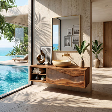 Floating Solid Wood Bathroom Vanity with Wave Carved Drawer Front