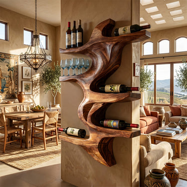 Natural Wood Corner Wine Rack With Sculpted Bottle Shelves