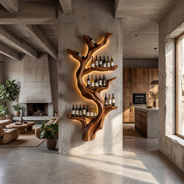 A Tree Shaped Wine Rack Made Of Natural Wood With Display Compartments.