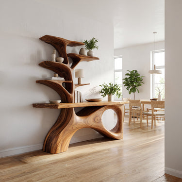 Sculptural Wood Console Table With Layered Display Shelves