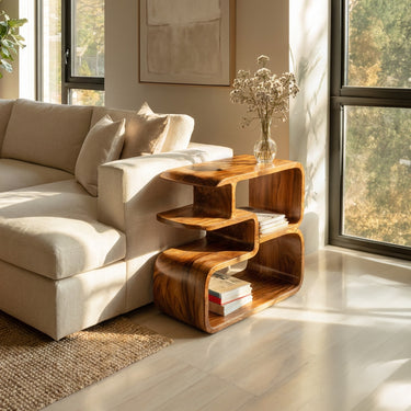 Natural Wood Side Table With Flowing Open Shelves