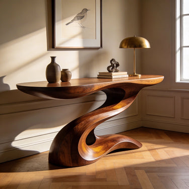 Sculptural Solid Wood Console Table with Organic Curved Base