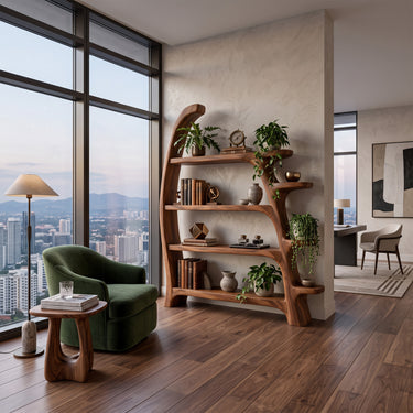 Sculptural Wood Bookshelf With Asymmetrical Tiered Display Shelves