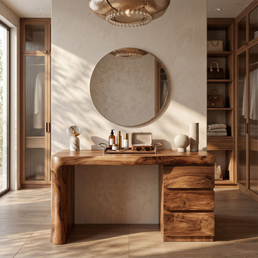 Natural Wood Vanity Desk With Sculpted Drawer Base