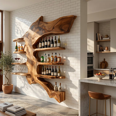 Large Live Edge Solid Wood Wine Rack Wall Shelf for Luxury Bar Decor