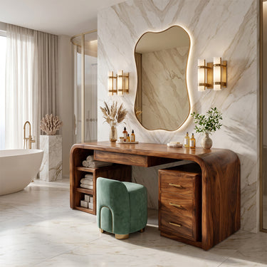 Natural Wood Vanity Desk With Rounded Wraparound Storage