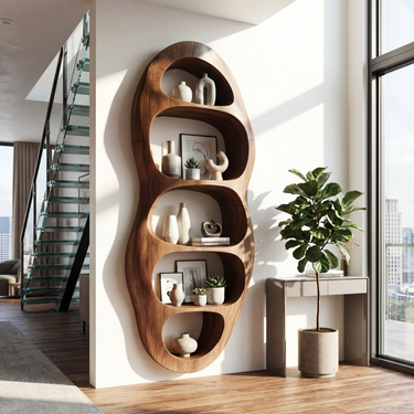 Wall Mounted Solid Wood Bookshelf With Organic Sculpted Niches
