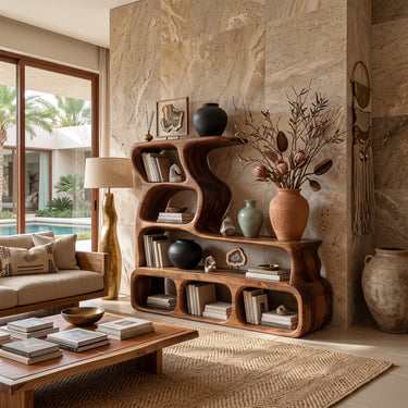 Natural Wood Sculptural Bookcase With Flowing Display Shelves