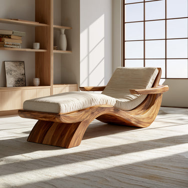 Sculptural Wood Chaise Lounge With Curved Cushioned Seat