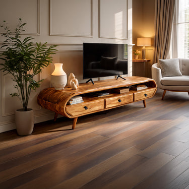 Natural Wood TV Console with Live Edge Curve and Drawer Storage