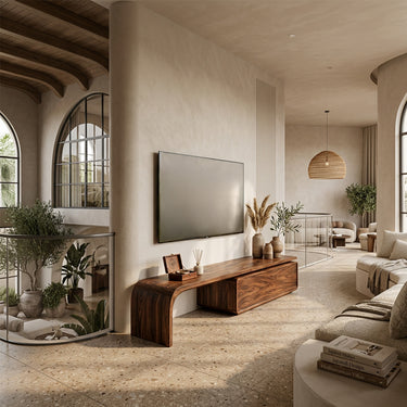 Natural Wood TV Console With Waterfall Side And Drawer Storage