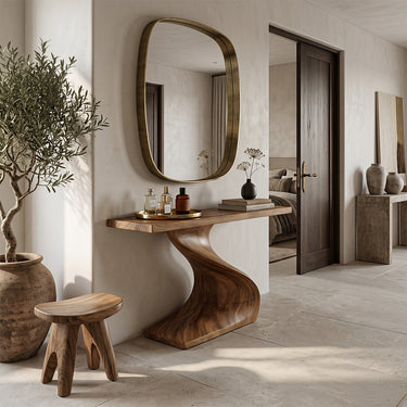 Curved Pedestal Console Table in Natural Wood