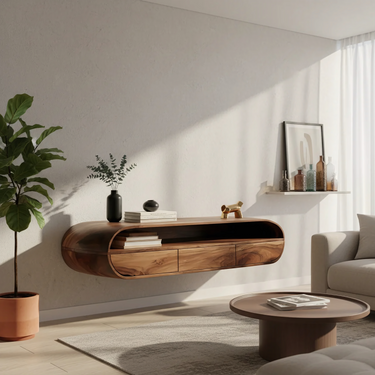 Curved Solid Wood Floating Desk with Drawer and Open Shelf