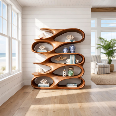 Freeform Solid Wood Bookshelf With Asymmetric Sculptural Openings