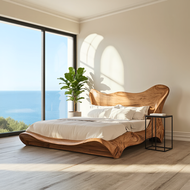 Organic Platform Bed With Sculpted Wood Headboard
