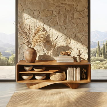 Organic Open Shelf Sideboard with Sculpted Base Design