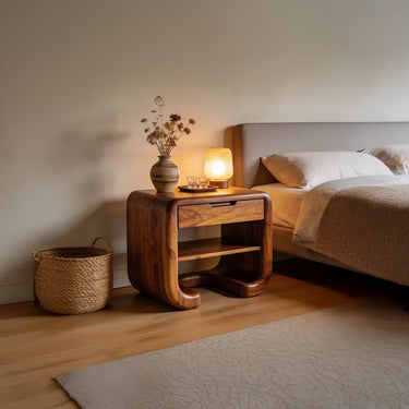 Solid Wood Nightstand With Curved Open Shelf