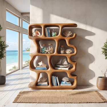 Coastal Solid Wood Bookshelf With Rounded Organic Grid Design