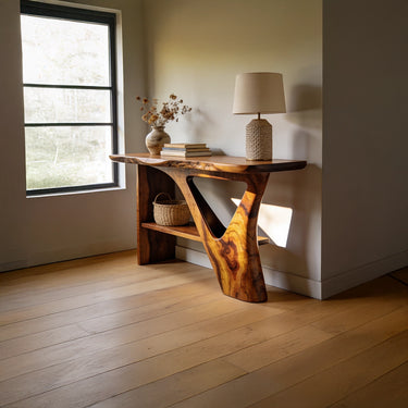 Live Edge Console Table with Sculptural Triangle Frame and Shelf