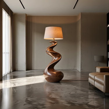 Curved Solid Wood Floor Lamp with Sculptural Organic Form